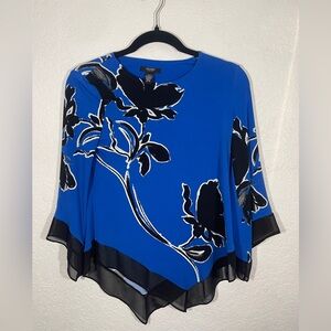 Alfani Black and‎ Blue floral print blouse with sheer sleeves ✨